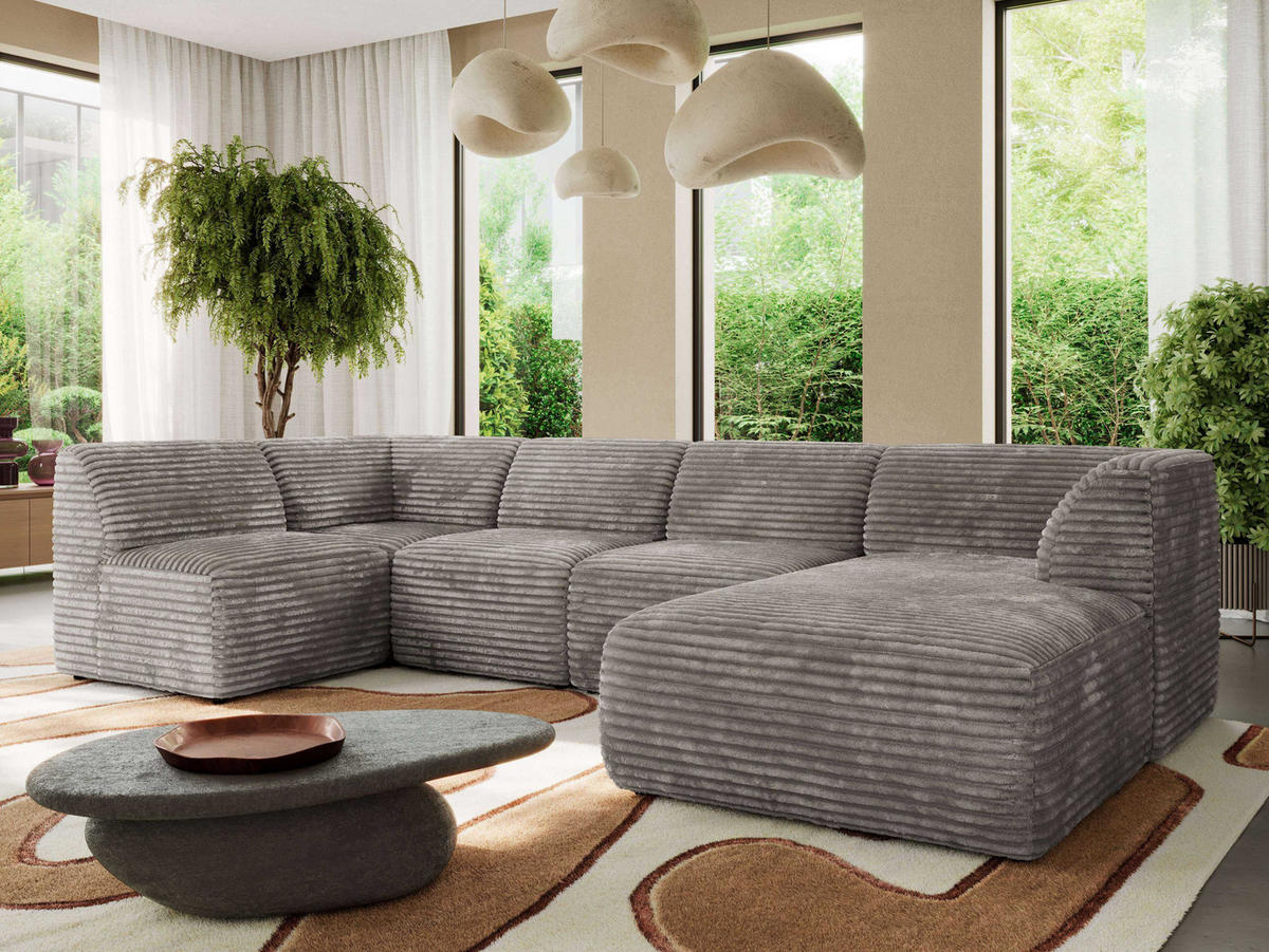 WOHNLANDSCHAFT MODARO U 5M - Hellbraun Cord - Rechts - Hellbraun/Schwarz, Textil (345/78/180cm) - MKS