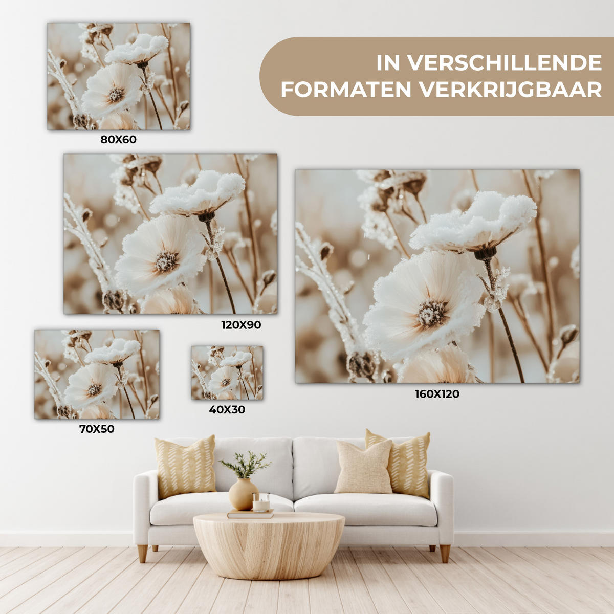 LEINWANDBILD Blumen - Winter - Weiß - Schnee - Beige Wandbilder 80x60 cm - Creme, Textil (80/60cm) - MuchoWow