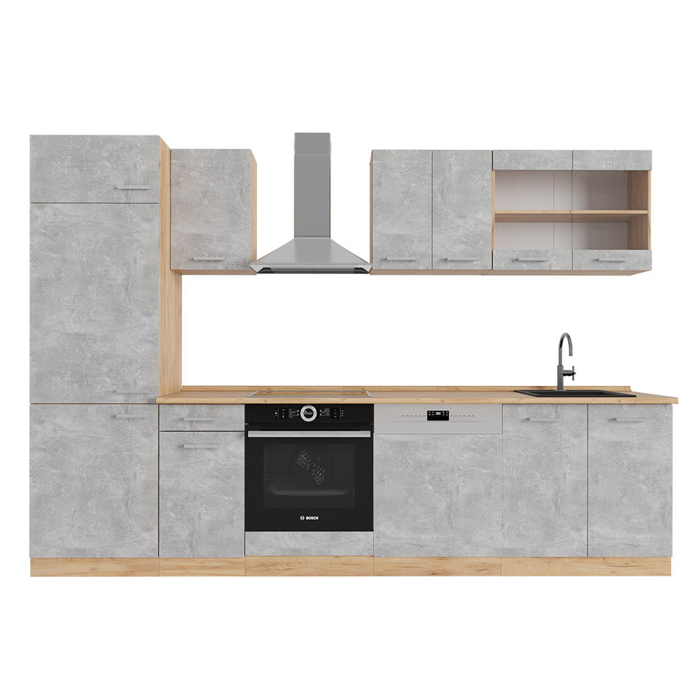 KÜCHENZEILE R-Line Beton/Goldkraft Eiche 300 cm ohne Arbeitsplatte - Honigeiche/Grau, Holzwerkstoff (300/81.6/46cm) - Vicco