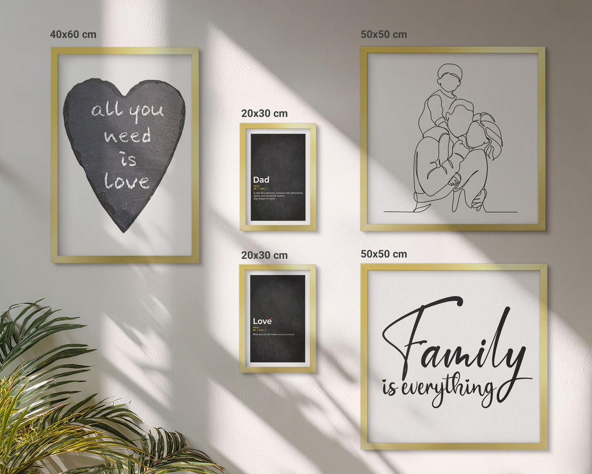 BILDER SET 5er Set - 50x50 cm & 20x30 cm & 40x60 cm Goldrahmen - Definitionen der Liebe in Familienzeichnungen - Goldfarben, Kunststoff (40/60cm) - TULUP