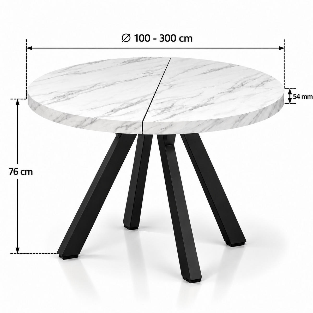ESSTISCH rund ausziehbar 100/300/76 cm, Marmor, 54 cm Tischplatte + X Metallbeine Schwarz - Hellgrau/Schwarz, Holzwerkstoff/Metall (100/300/76cm) - Damale Möbel