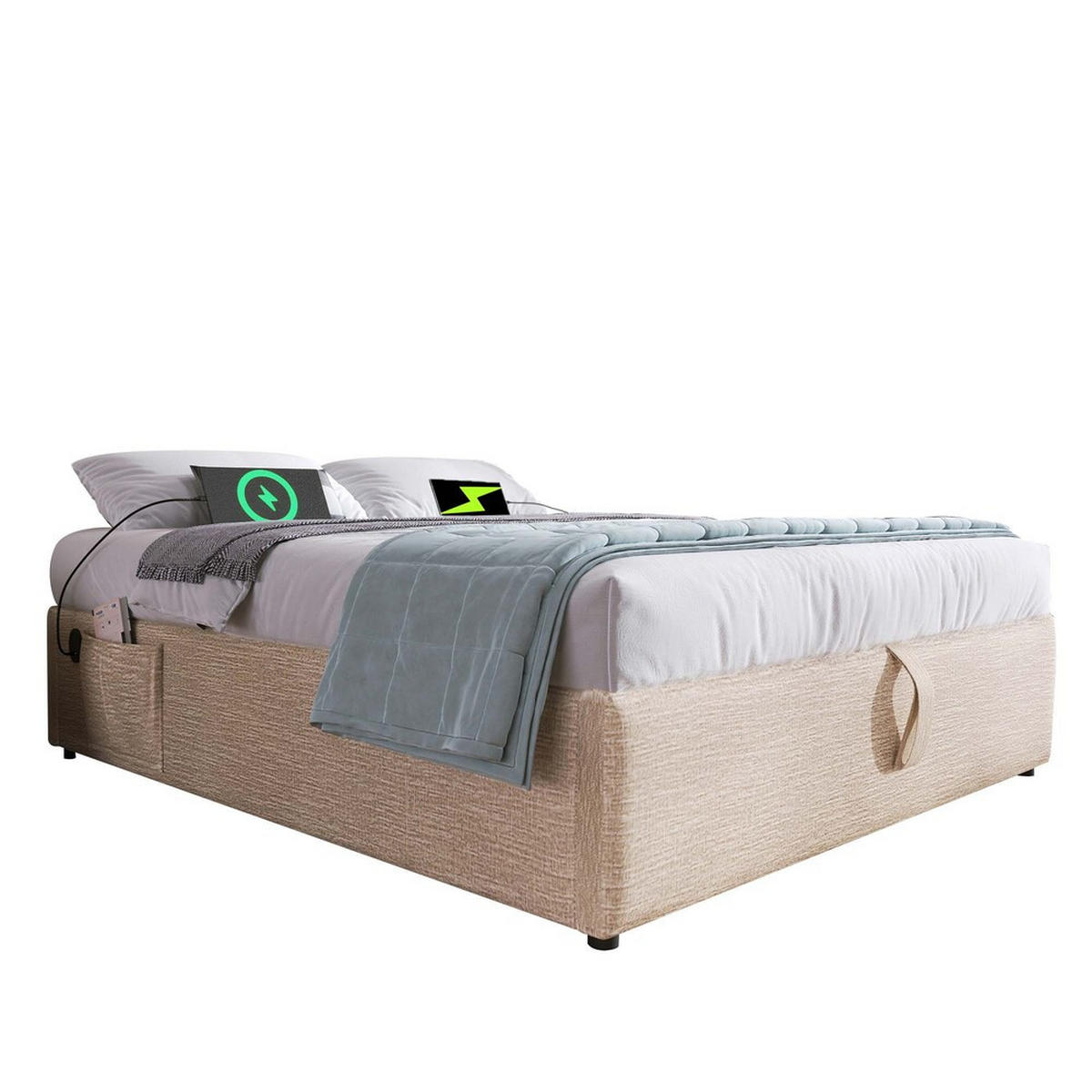 POLSTERBETT 160x200cm Doppelbett Stauraumbett mit USB-C & Lattenrost Natürlich - Beige, Holz - FLIEKS