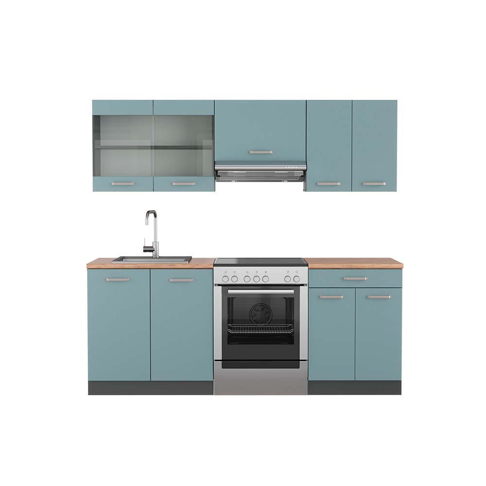 KÜCHENZEILE R-Line Blau-Grau/Anthrazit 200 cm, AP Eiche - Anthrazit/Blaugrau, Holzwerkstoff (200/81.6/60cm) - Vicco