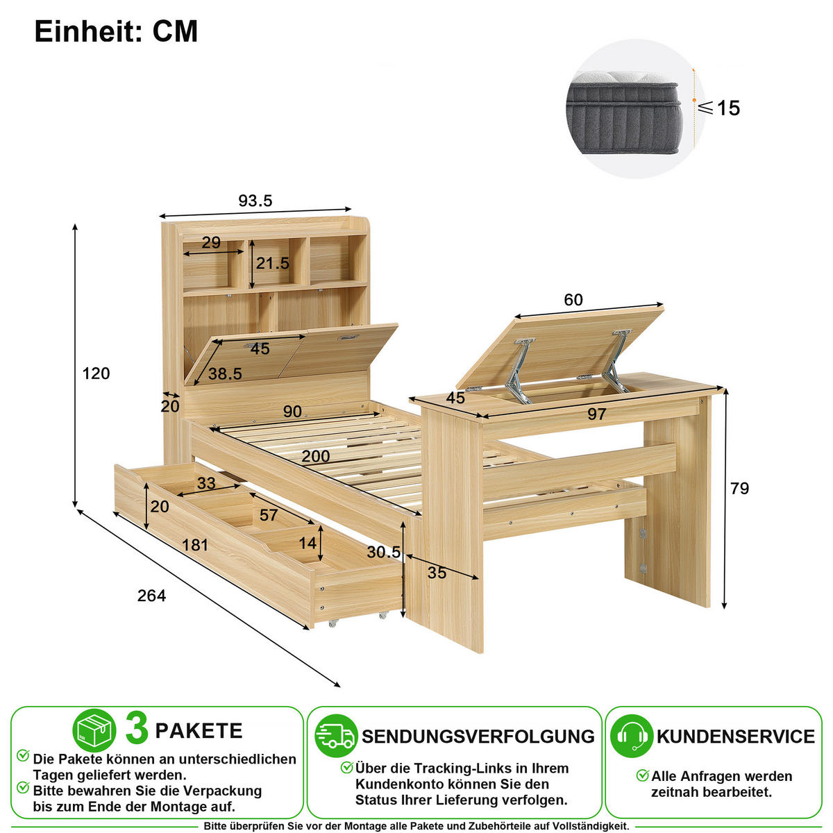 JUGENDBETT 90/200 cm in Natur mit Schublade, Regal und Klapptisch Holzdekor - Naturfarben, Holz/Holzwerkstoff (90/200cm) - CHICFURN
