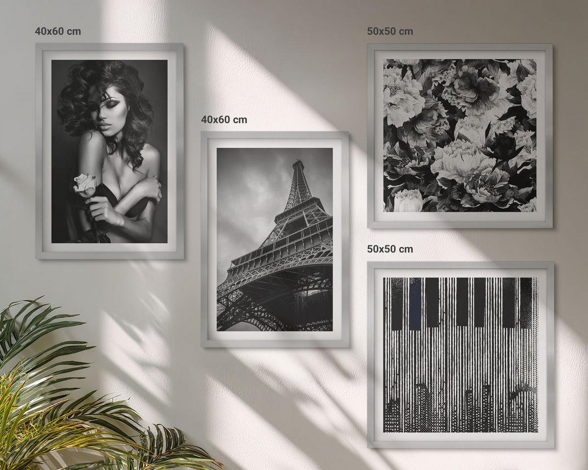 WANDBILDER 4er Set - 50x50 cm & 40x60 cm Silberner Rahmen - Porträt einer Frau mit einer Eiffel-Rose - Silberfarben, Kunststoff (50/50cm) - ArtPrintCave