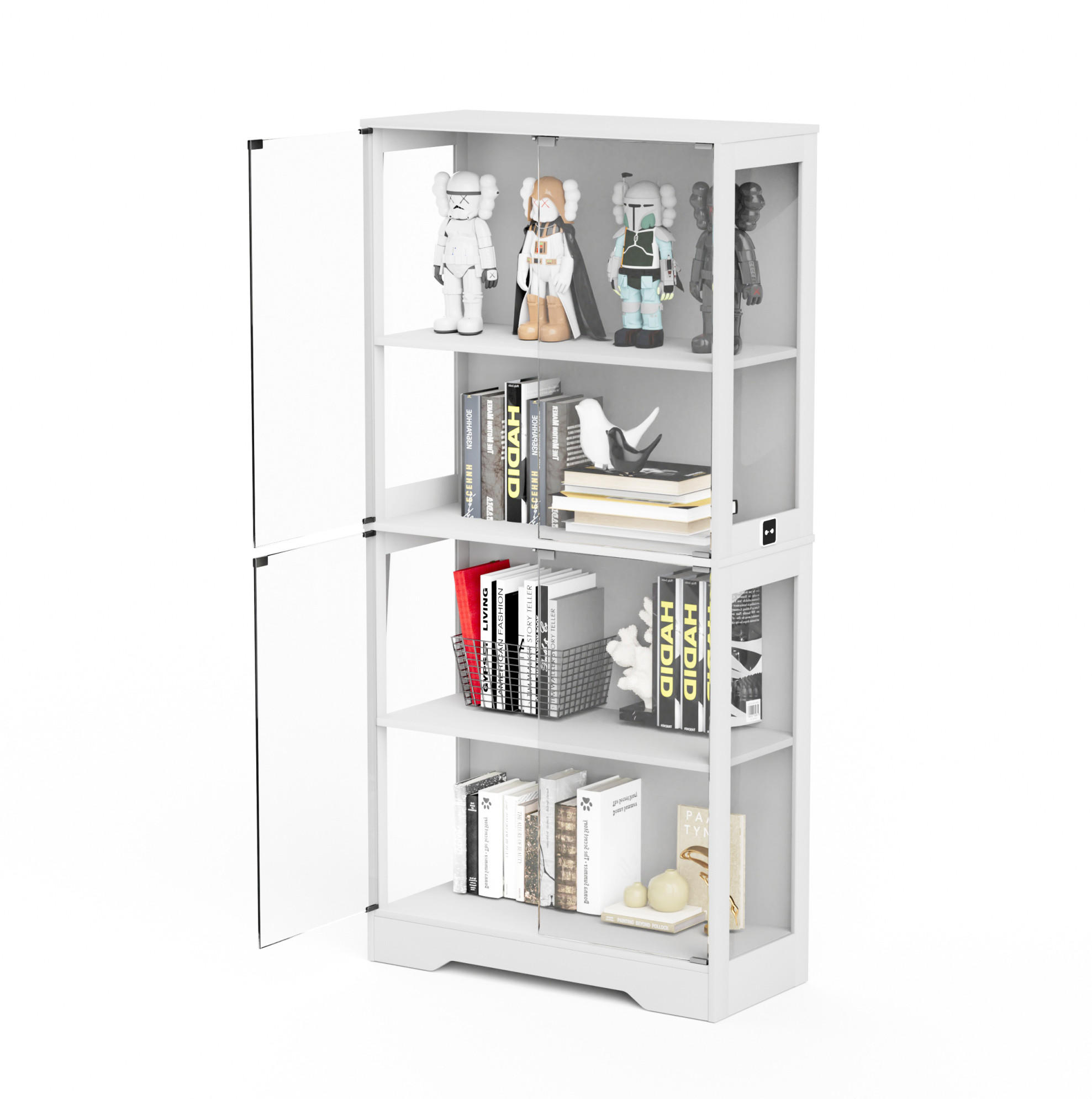 Redom VITRÍNA 80/35/165 cm se skleněnými dveřmi, LED osvětlením, senzorem pohybu a konstrukcí z MDF a skla, Bílá