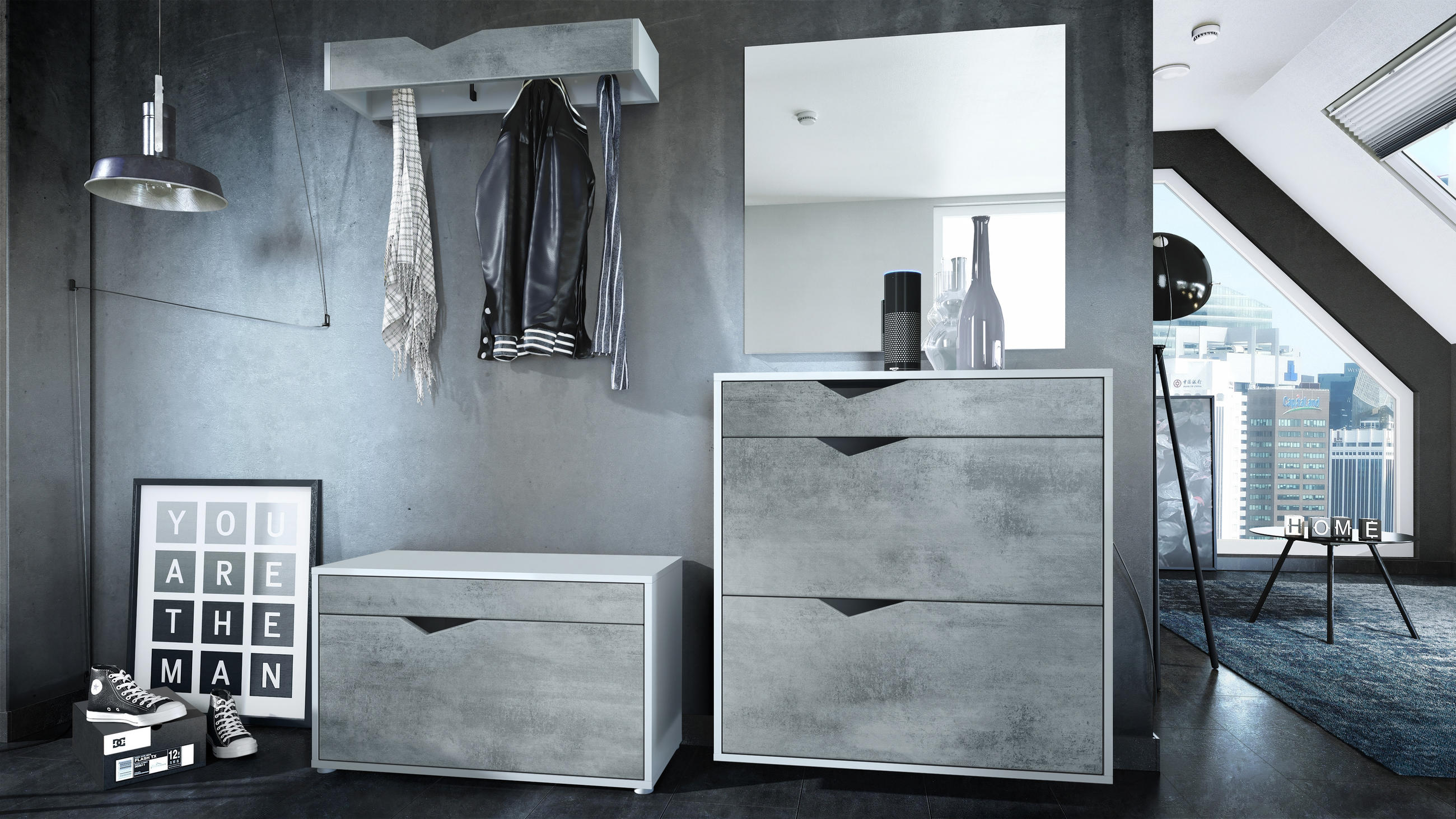 GARDEROBE Kolmio Fronten in Beton Oxid Optik - Hellgrau, Holzwerkstoff (190/185/33cm) - Vladon