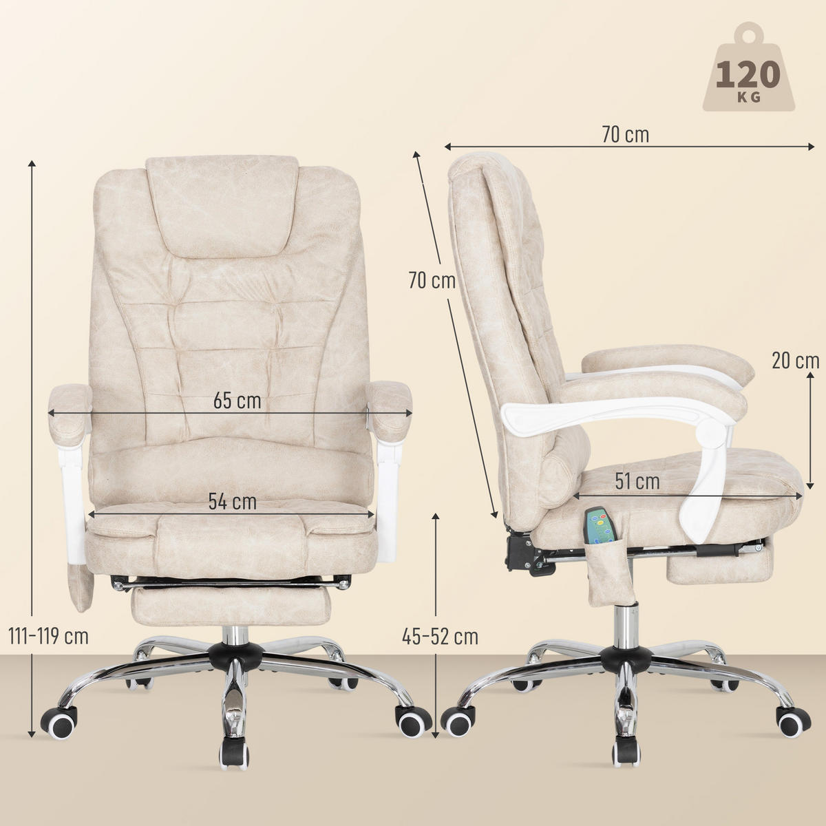 CHEFSESSEL DE-05236 Massage, neigbar & Liegefunktion Grau - Creme, Metall (70/119/65cm) - ComfortXL