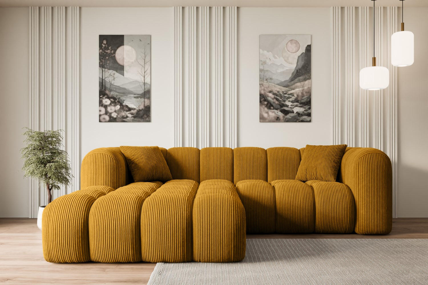 ECKSOFA Ottomane Links OLEA-L1 - 231x173x74 cm Senfgelb Cord - Gelb/Schwarz, Holzwerkstoff/Kunststoff (190/242cm) - ALTDECOR