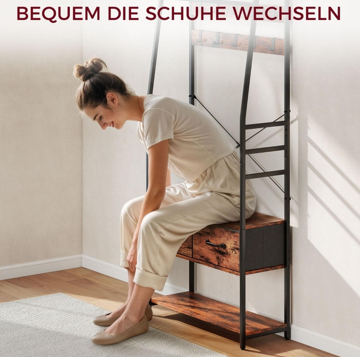 GARDEROBE mit Schuhbank 80 x 30 x 180 cm Holzoptik Braun 2 Stoffschubladen - Braun, Holzwerkstoff (30/180/80cm) - Beauniv