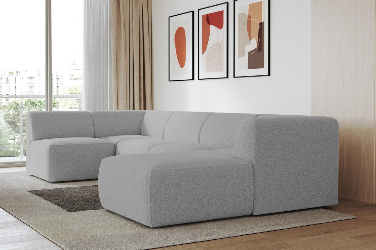 WOHNLANDSCHAFT Ottomane Rechts MOVA 345x180x78 Hellgrau Bouclé - Silberfarben/Hellgrau, Holzwerkstoff/Kunststoff (345/78/180cm) - ALTDECOR