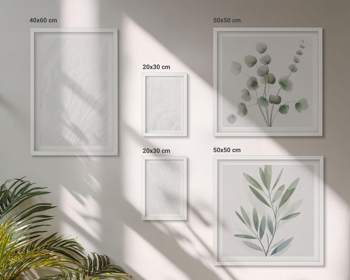 WANDBILDER 5er-Set - 50x50 cm & 20x30 cm & 40x60 cm Weißer Rahmen - Marmorstruktur, pastellfarbene Zweige - Weiß, Kunststoff (40/60cm) - ArtPrintCave