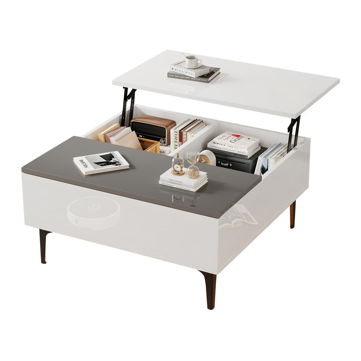 COUCHTISCH aus MDF 70x70x35 cm Weiß/Grau mit höhenverstellbarer Platte, Schublade und LED-Beleuchtung - Weiß, Holzwerkstoff (70/70/35cm) - Modfu