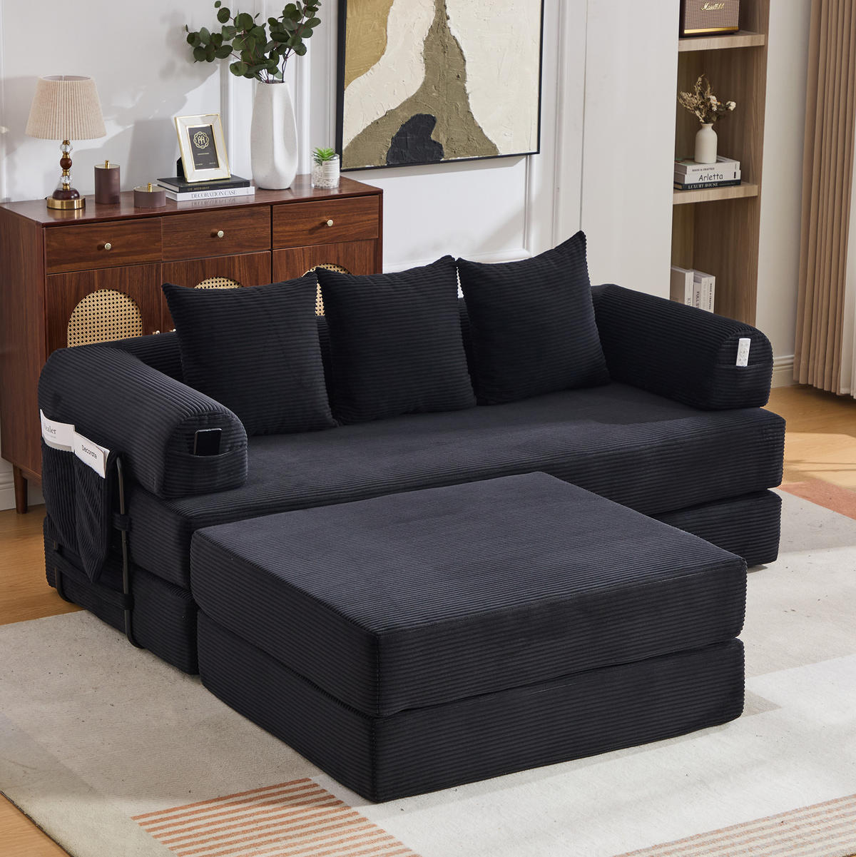 SOFA modular mit Hocker ca. 200 x 190 x 67 cm Cord Black - Schwarz, Kunststoff (190/200cm) - Meubliv