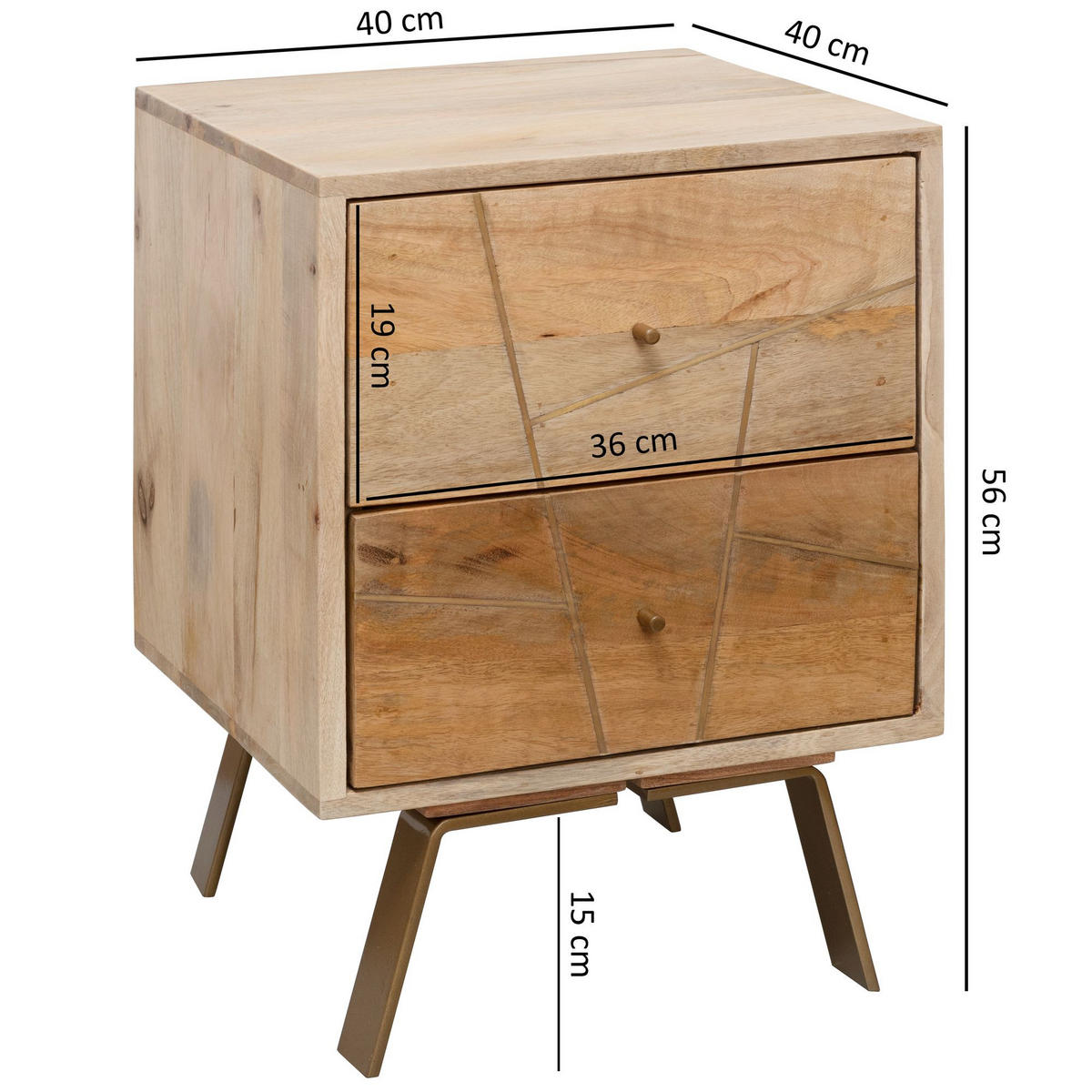 NACHTTISCH – Mango Massivholz, Metallstreifen, rustikal, Farbverlauf - Goldfarben/Braun, Holz/Metall (40/56/40cm) - KADIMA DESIGN