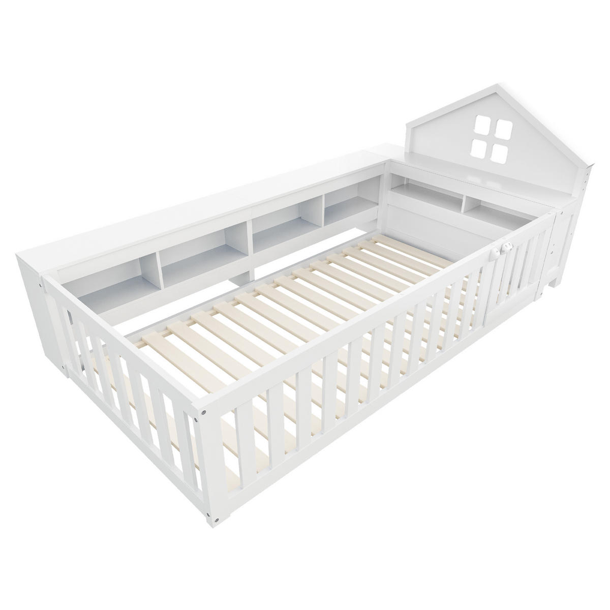 KINDERBETT 90x200 Massivholz Dachleiste Fenster Staufach Weiß - Weiß, Holzwerkstoff - FLIEKS