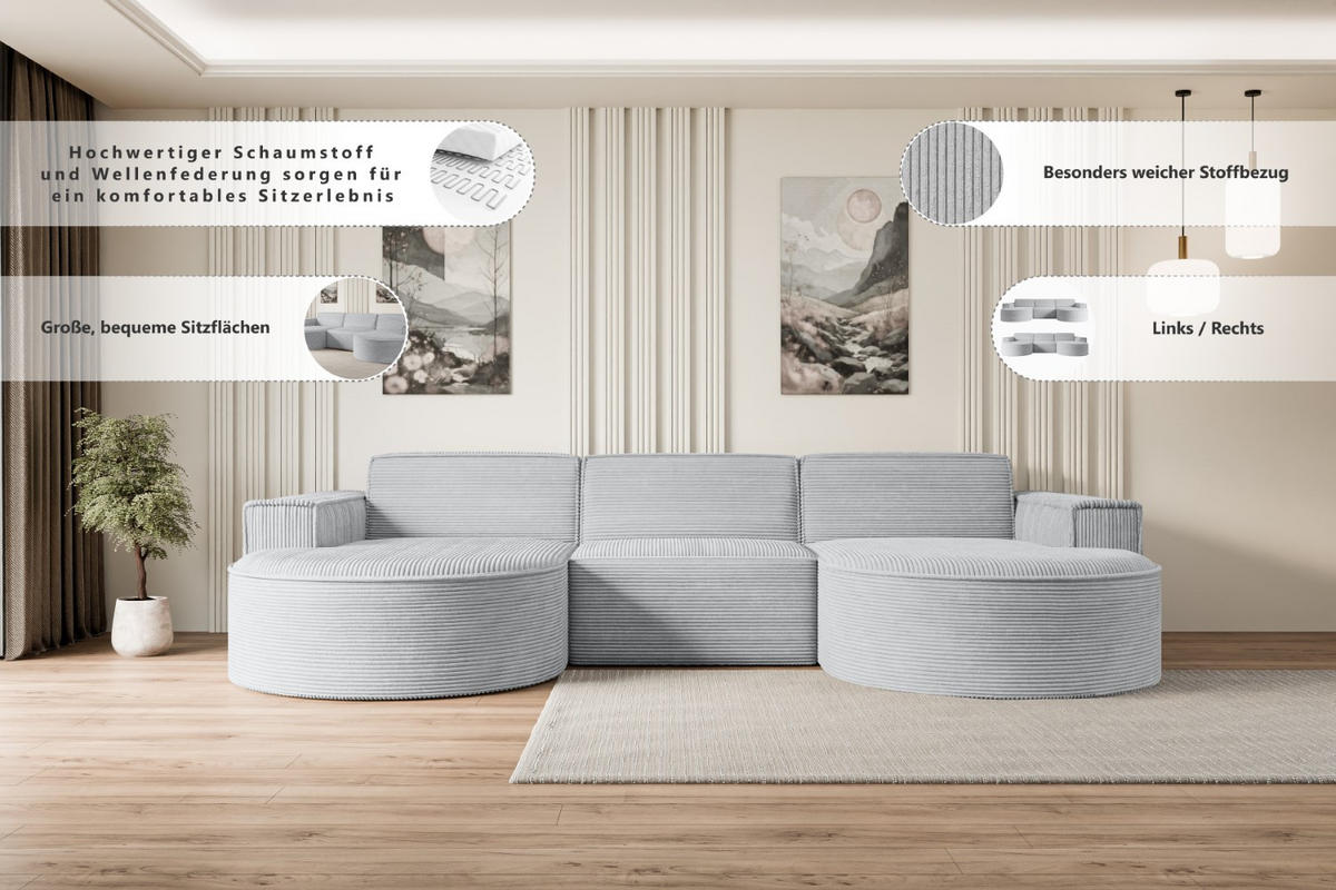 WOHNLANDSCHAFT MARI-U1 - 295x163x81 cm Dunkelgrau Cord - Dunkelgrau/Schwarz, Holzwerkstoff/Kunststoff (295/81/163cm) - ALTDECOR