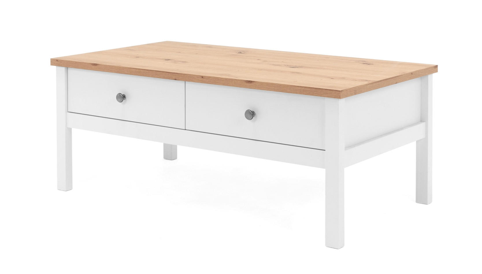 COUCHTISCH weiß, Eiche Artisan Landhaus, 110 x 55 cm, Wohnzimmertisch mit Schubladen - Silberfarben/Weiß, Holzwerkstoff/Kunststoff (55/110/40cm) - Furn.Design