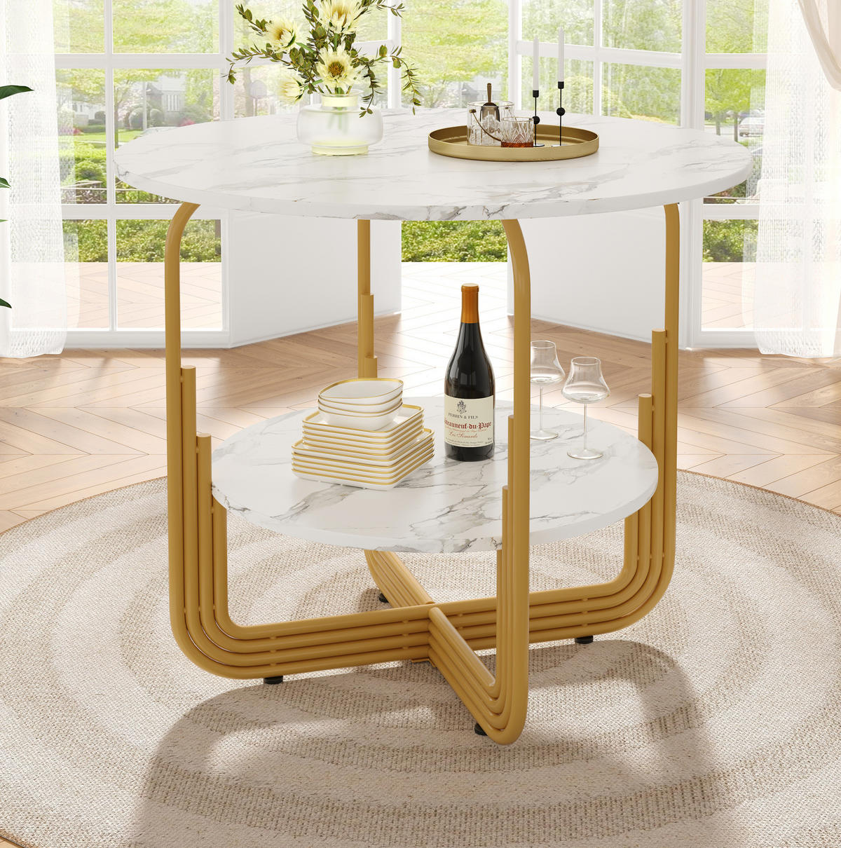 ESSTISCH 80x80x76 cm in Weiß und Gold aus MDF mit Kunstmarmor auf goldenem Metallrahmen - Weiß, Holzwerkstoff (80/80/76cm) - Modfu