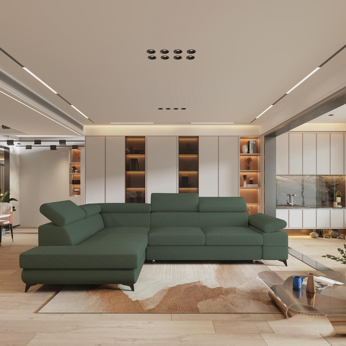 ECKSOFA FAVIEN L-S Grün Boucle-Stoff mit Schlaffunktion - Grün, Holz (257/190cm) - MASSENO