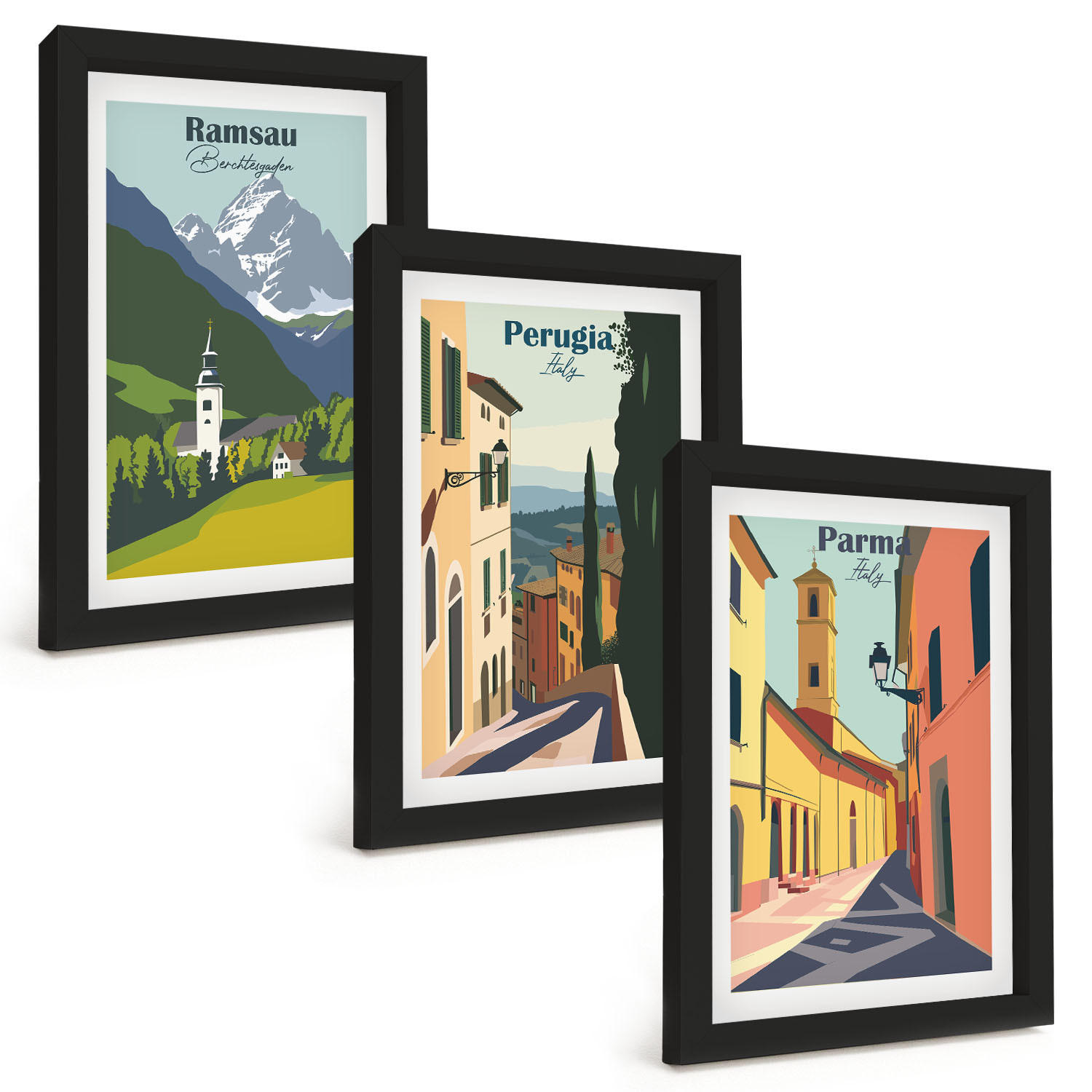BILDER SET 3er Set - 20x30 cm Schwarzer Rahmen - Berglandschaften und Italien - Schwarz, Kunststoff (20/30cm) - TULUP