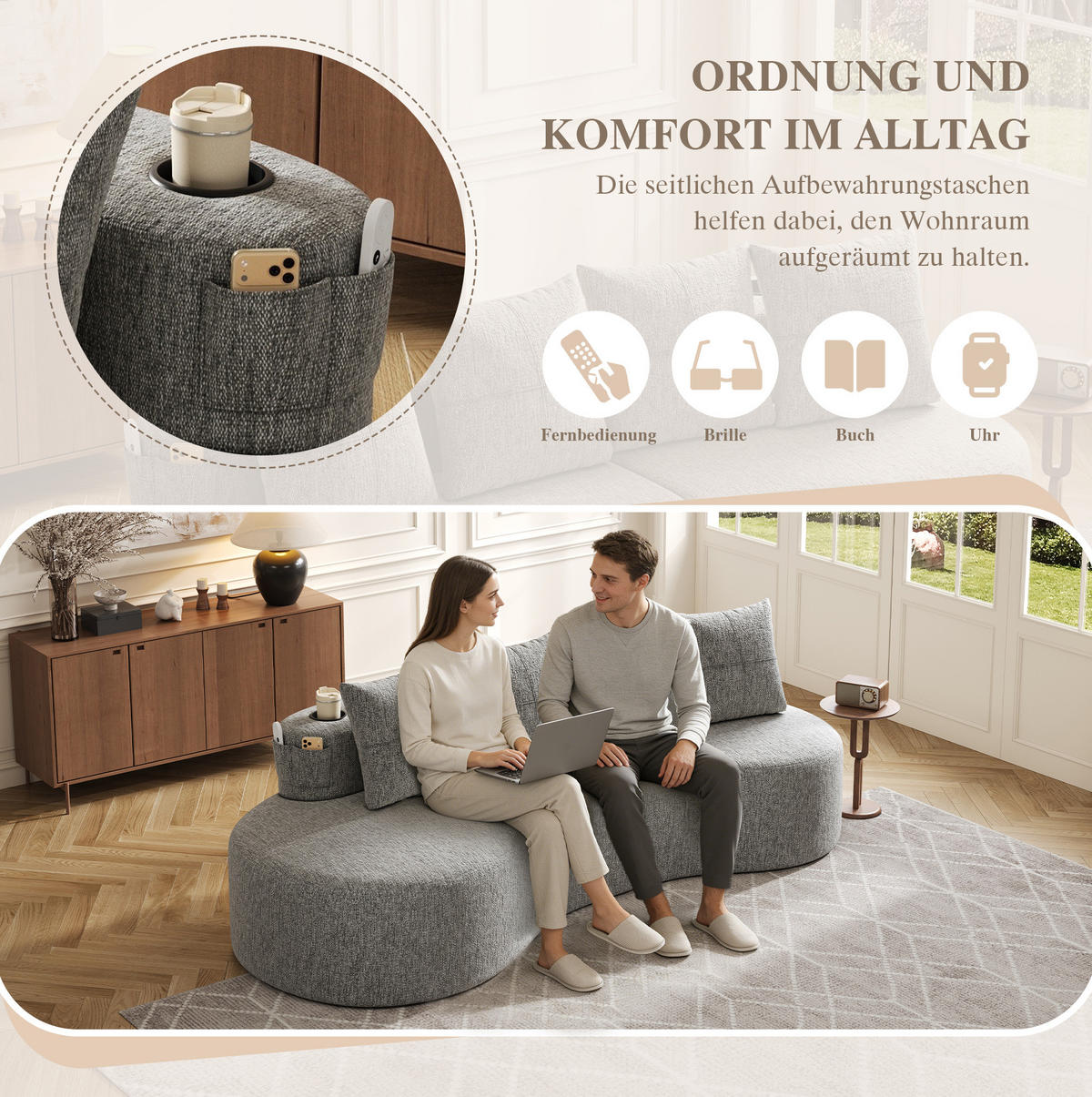 SOFA 240/109/60 cm aus Leinen mit 4 Kissen, Becherhaltern und Seitentaschen Hellgrau - Hellgrau, Textil (109/63/240cm) - Modenvie