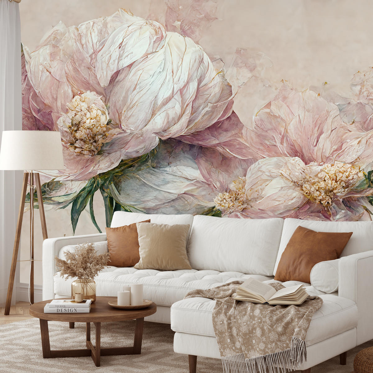 FOTOTAPETE für Wohnzimmer Vintage Rosa Blumen Blätter Natur 400x280 - Beige/Creme, Papier (400/280cm) - Muralo
