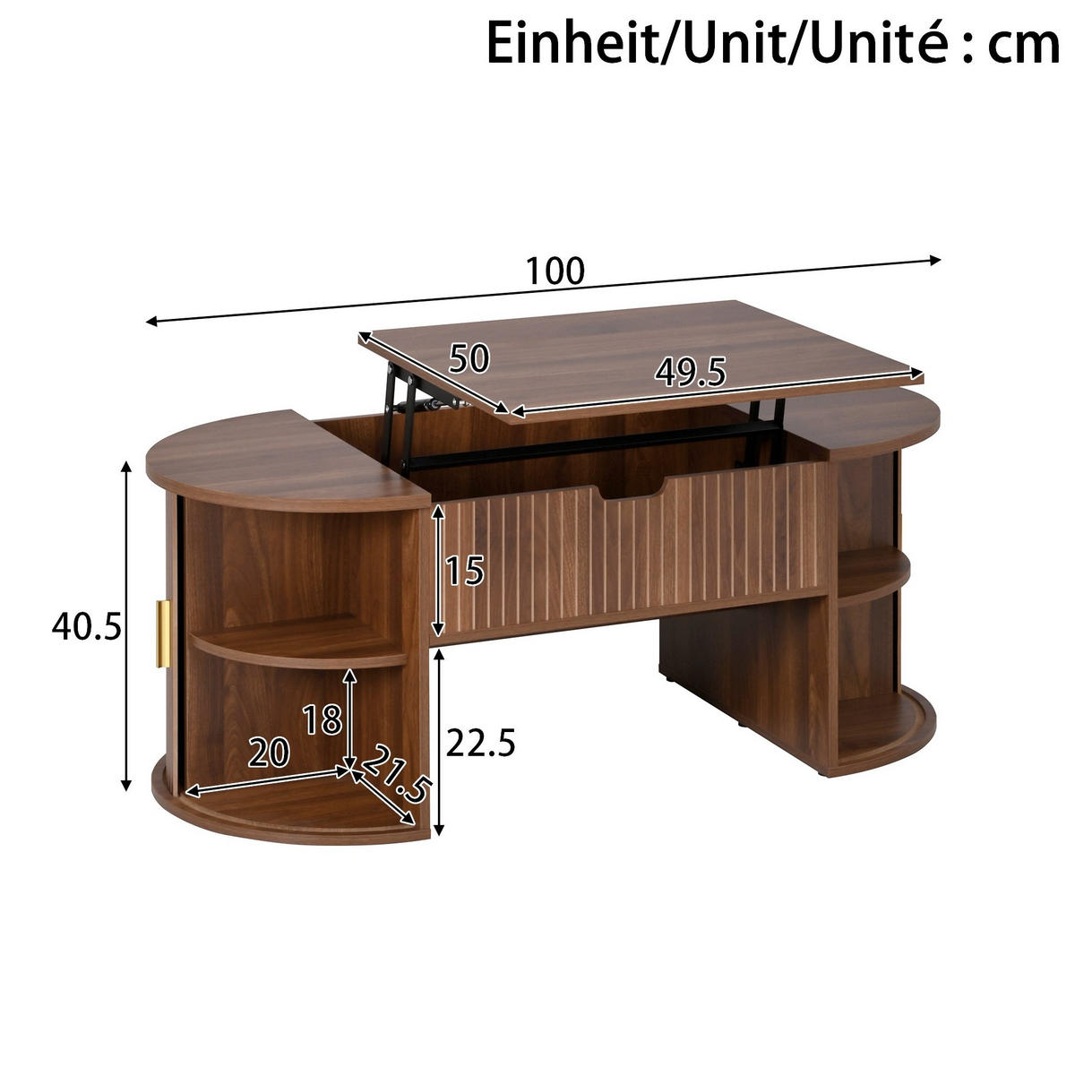KONFERENČNÍ stolek 100/50/40,5 cm MDF ořech, výškově nastavitelný s úložným prostorem - ořechová, kompozitní dřevo (100/50/40.5cm) - BEAOK