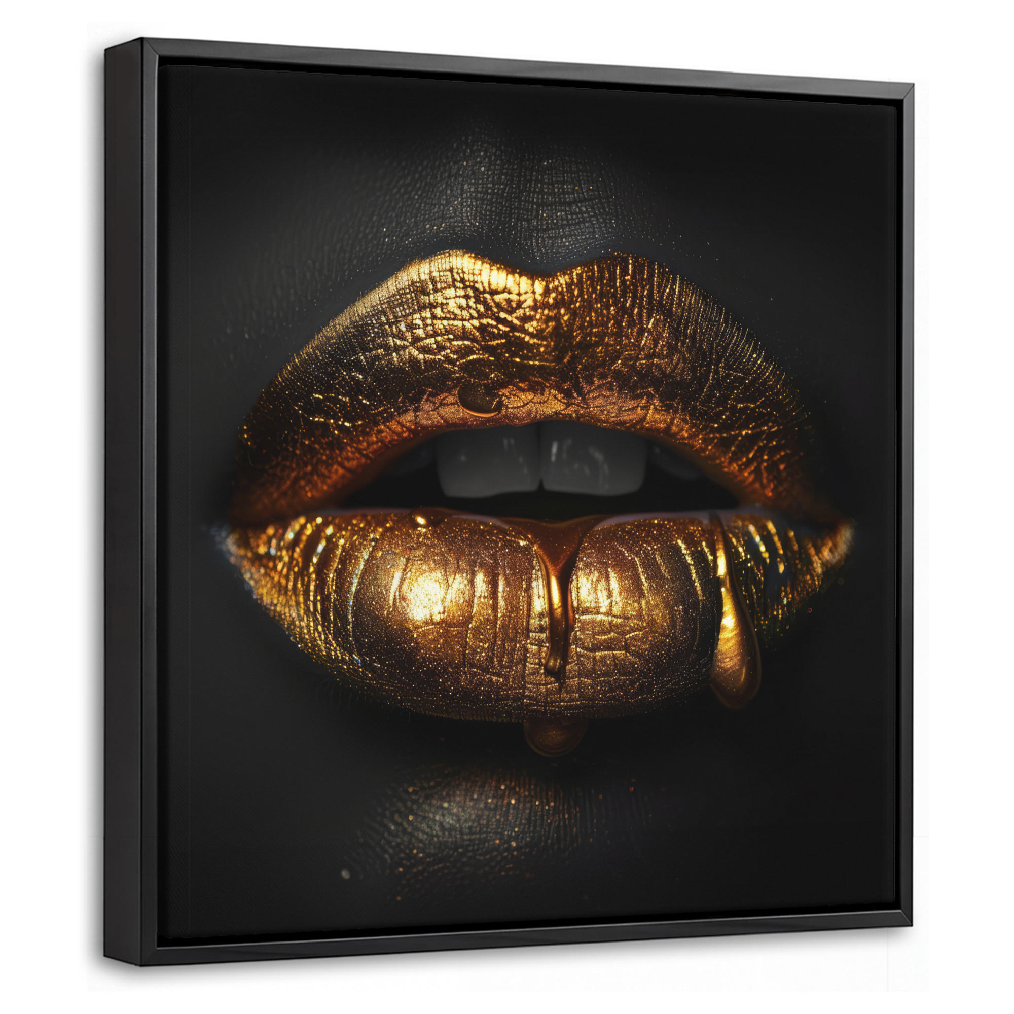 LEINWAND Bilder mit Rahmen - Frau - Porträt - Lippen - Gold - Schwarz - 20x20 - Schwarz, Textil (20/20cm) - MuchoWow
