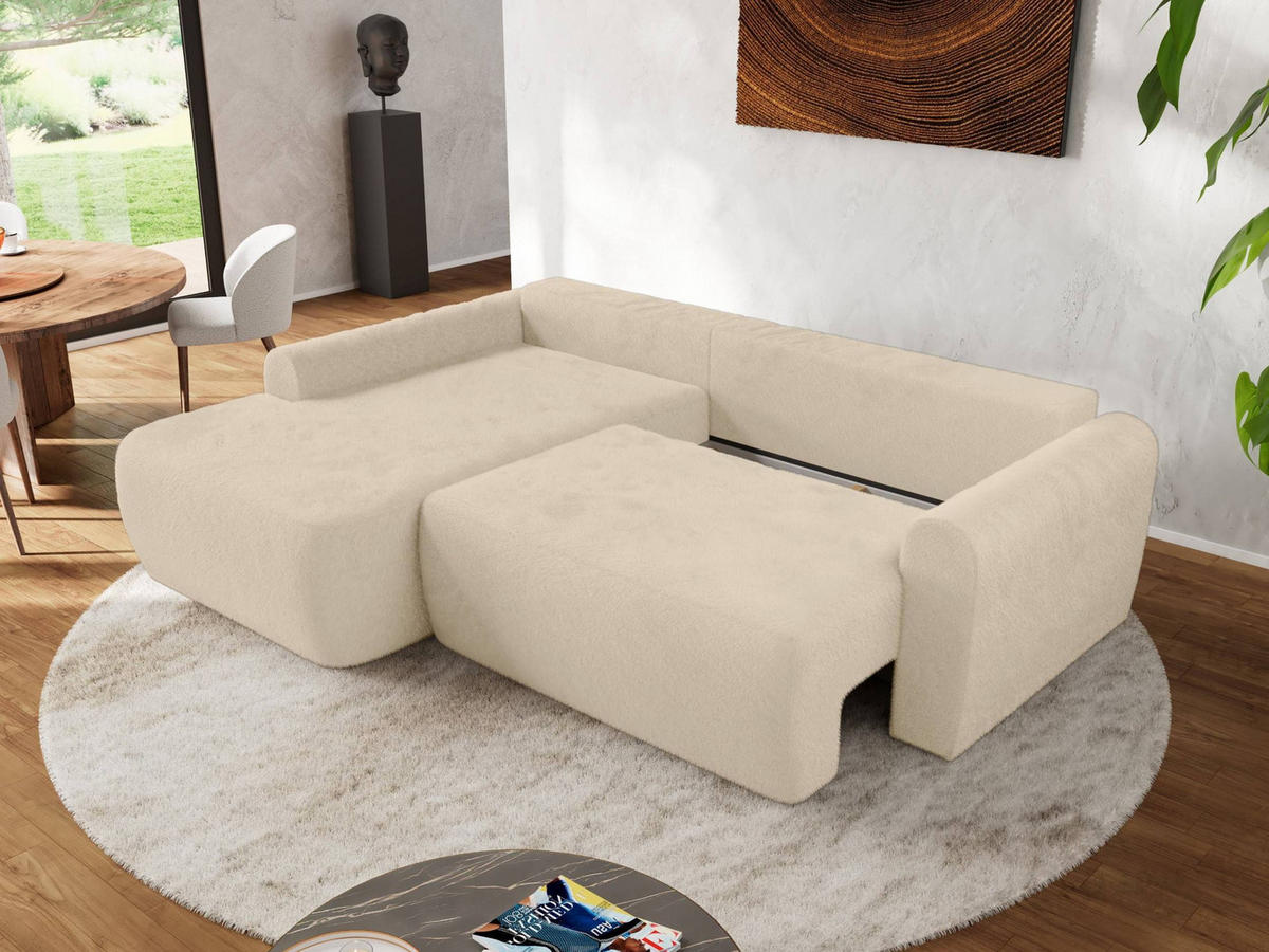 ECKSCHLAFSOFA CUBO L Creme Plüsch - links - Creme/Schwarz, Kunststoff/Textil (273/187cm) - MKS