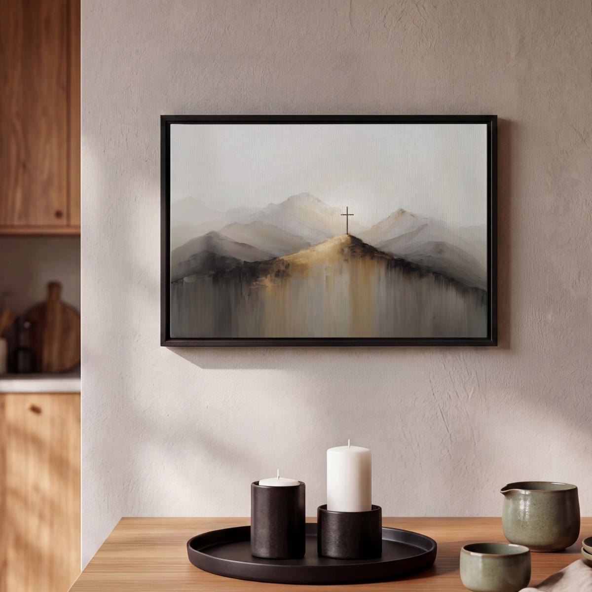LEINWAND Bilder mit Rahmen - Hügel - Abstrakt - Kreuz - Christentum - 30x20 - Beige, Textil (30/20cm) - MuchoWow