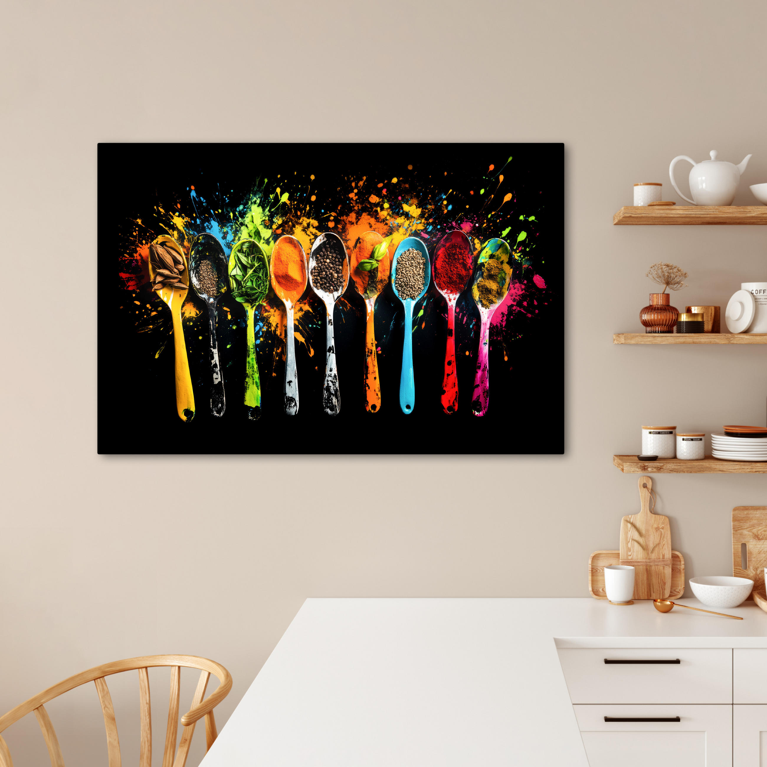 LEINWANDBILD Löffel - Gewürze - Modern - Graffiti - Farbe - Farbenfroh Wohnzimmer 120x80 cm - Multicolor, Textil (120/80cm) - MuchoWow
