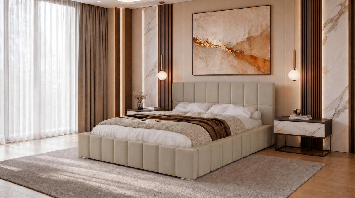 POLSTERBETT 180x200 cm, Alma, Doppelbett mit Bettkasten, Lattenrost aus Holz, Velourstoff, Hellbraun - Hellbraun, Holz/Kunststoff (180/200cm) - Marpur