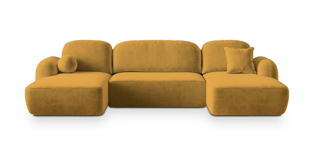 WOHNLANDSCHAFT SAVONA K Gelb Plüsch-Stoff mit Schlaffunktion - Gelb, Holz (320/90/148cm) - MASSENO