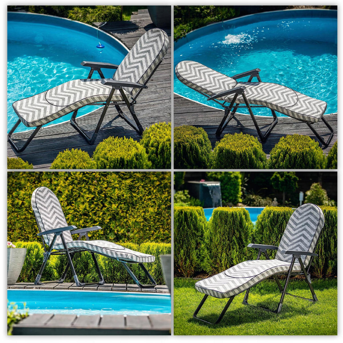 GARTENLIEGESTUHL 184 x 110 cm „Zigzag“ - Weiß/Grau, Metall (57/184cm) - KADAX