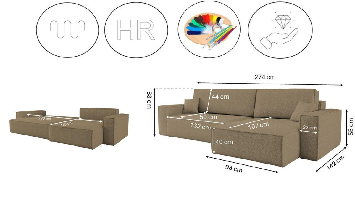ECKSOFA Mit Schlaffunktion Und bettkasten, Eckcouch BEST XL Stoff Quelle Hellbraun Rechts - Hellbraun/Schwarz, Holz/Kunststoff (142/142cm) - Kaiser Möbel