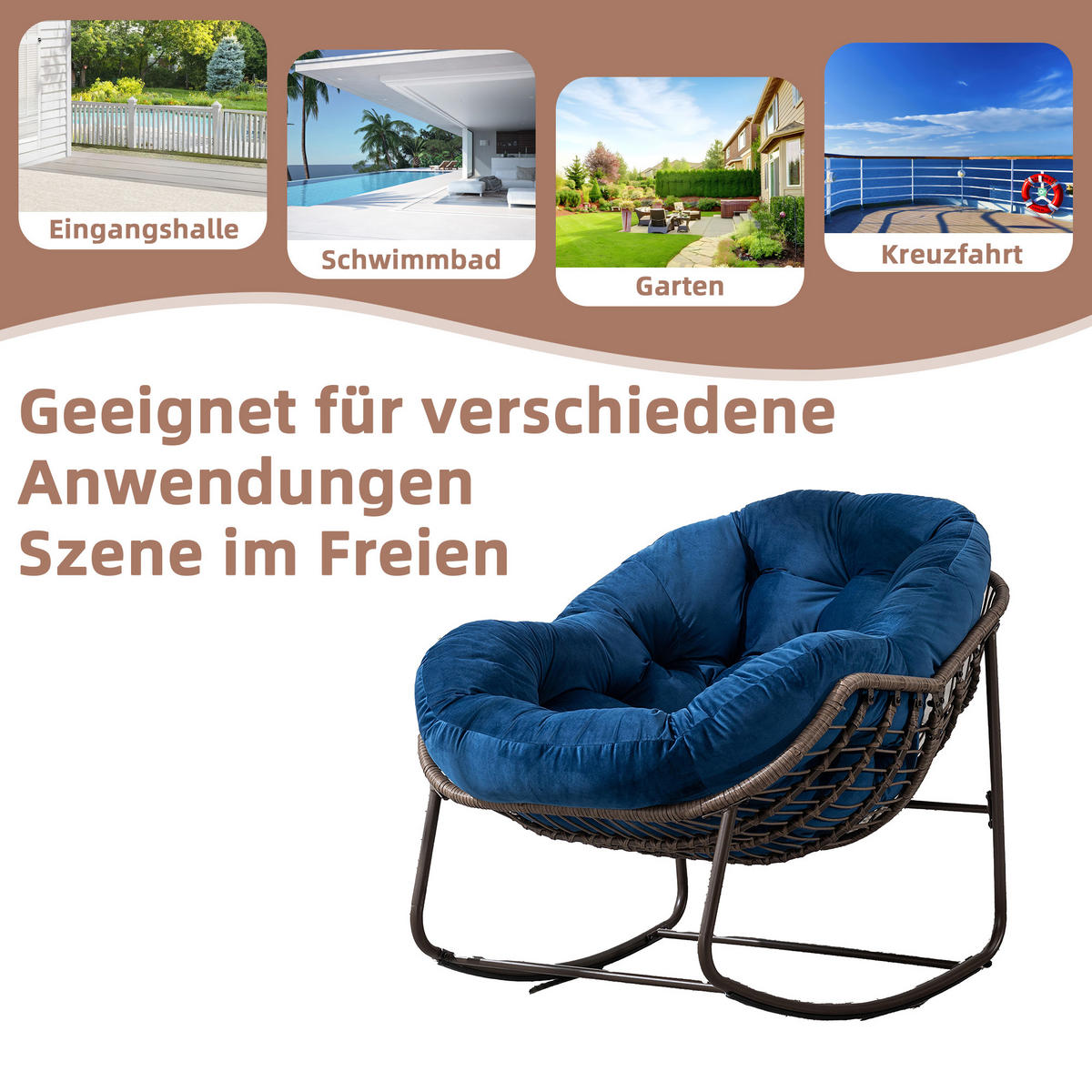 SCHAUKELSTUHL Schaukelsessel Garten,Rattanstuhl mit Stahlrahmen,Blau-Samt - Blau, Metall (94.5/80/111cm) - LVHOM