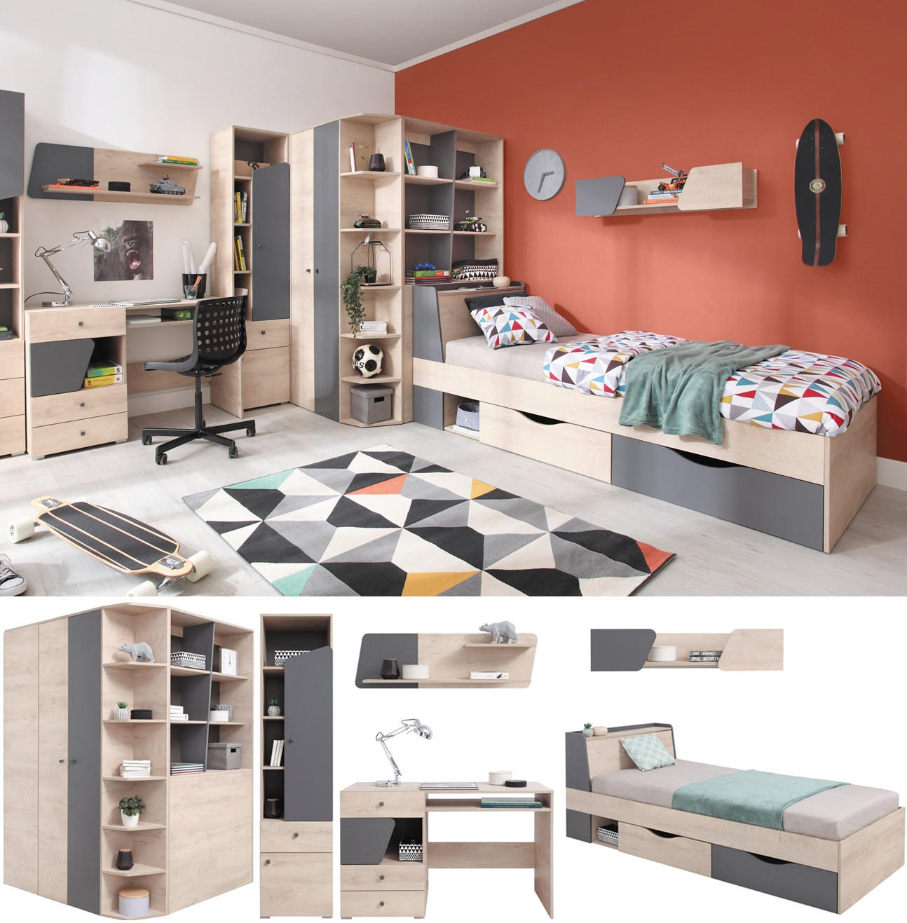 JUGENDZIMMER Davis Set C mit Bett 90 x 200 - Eiche Anthrazit - Eichefarben/Anthrazit, Holzwerkstoff (135/190/135cm) - QMM TraumMöbel