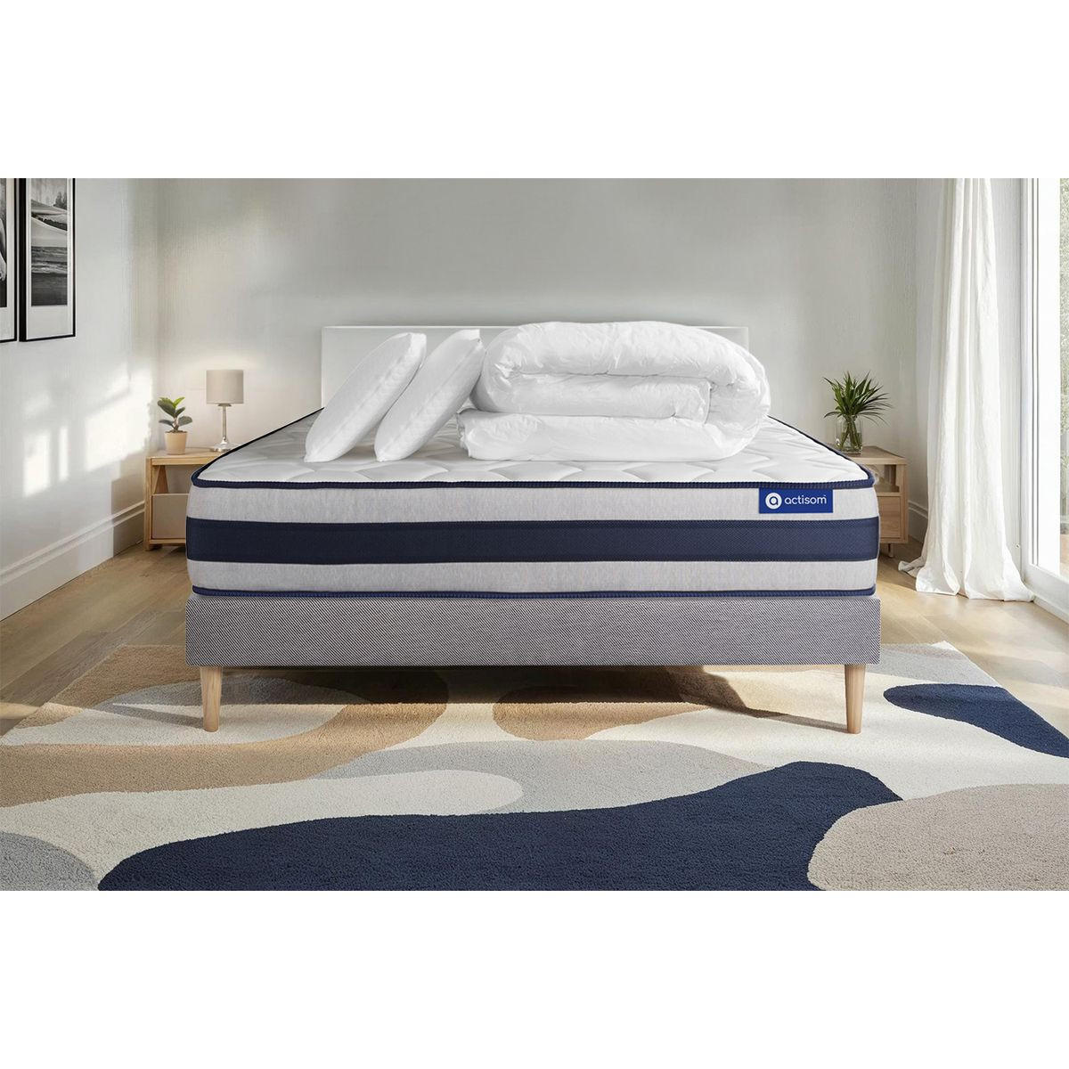 BETT Actilatex ergo Latex und Memory-Schaum 180 x 200 cm h3 - Kit Bettgestell Grau - Mit Kissen und Bettdecke - Beige/Grau, Karton/Holz (180/200cm) - ACTISOM