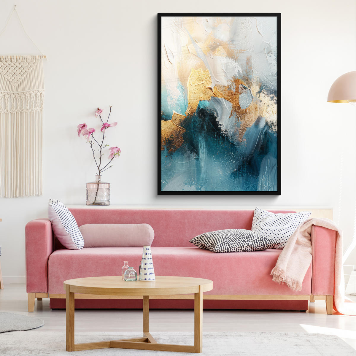 GERAHMTES BILD Abstrakt - Kunst - Gold - Blau 80x120 cm - Petrol, Papier (80/120cm) - MuchoWow