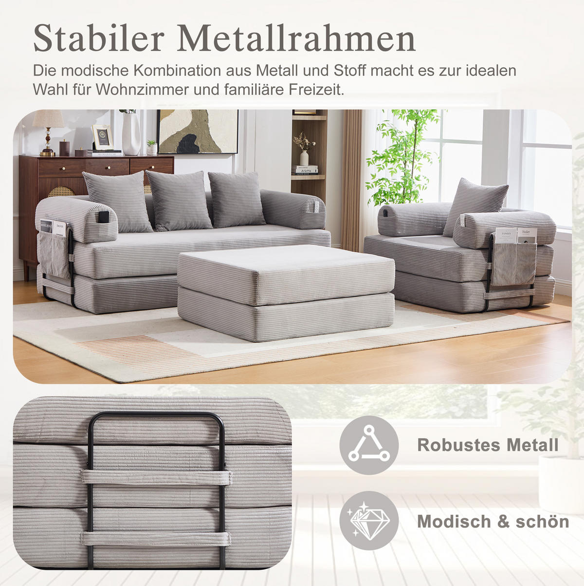 ECKSOFA aus Cord 200x94x67 cm Hellgrau mit Hocker, Metallrahmen und Seitentasche - Hellgrau, Textil (200/190cm) - Modfu