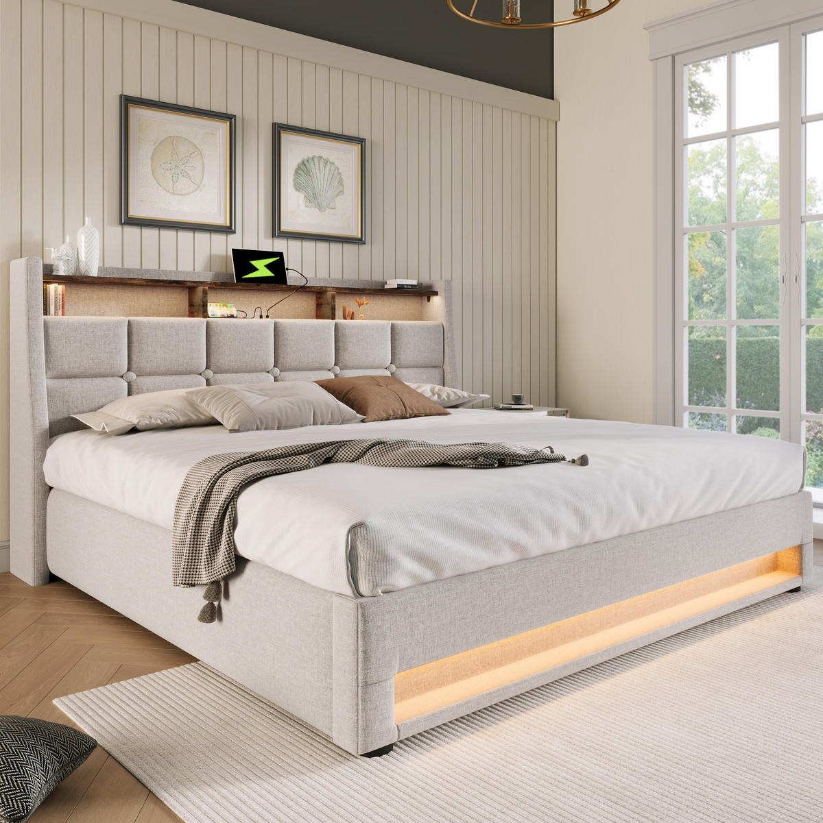 POLSTERBETT mit LED-Beleuchtung 140/200 cm mit Bettkasten und USB - Beige, Textil (140/200cm) - BEAOK