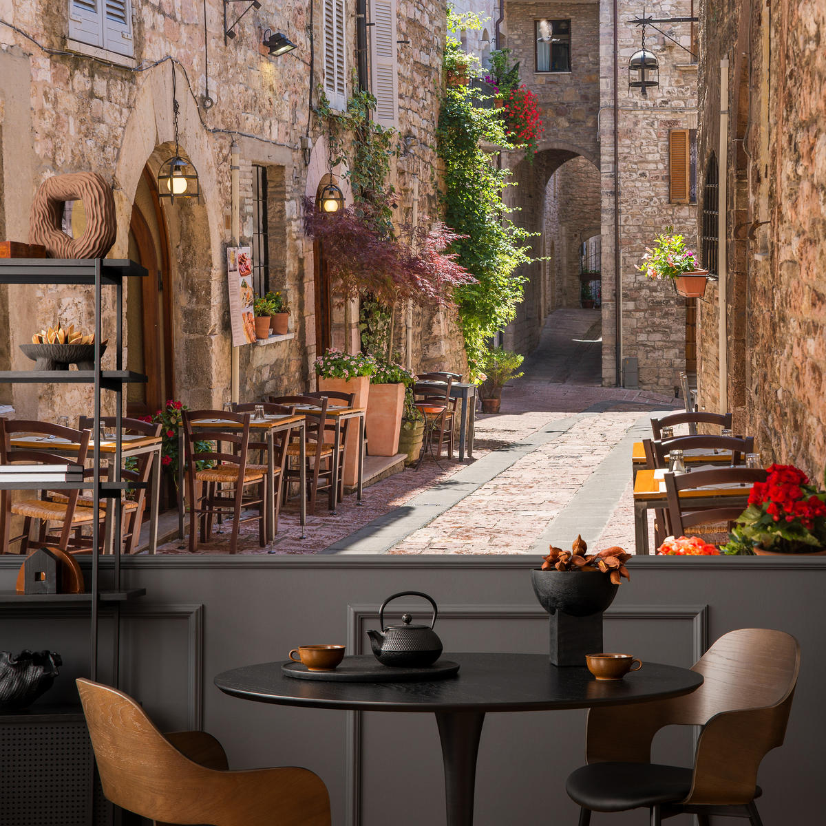 FOTOTAPETA Pre Obývaciu Izbu Talianska Kamenná Ulica S Reštauráciou Rustikálna 500 x 350 cm - oranžová/hnedá, papier (500/350cm) - Muralo