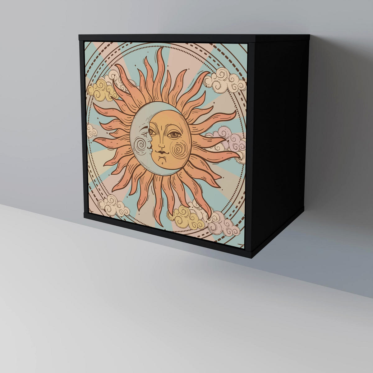 SIDEBOARD MYSTICAL STRUCTURE, Schwarz, 57,5x42x70,5 cm, Schwarze Metall-Sternfüße - Multicolor/Schwarz, Holzwerkstoff/Metall (57.5/70.5/42cm) - SpaceRebels