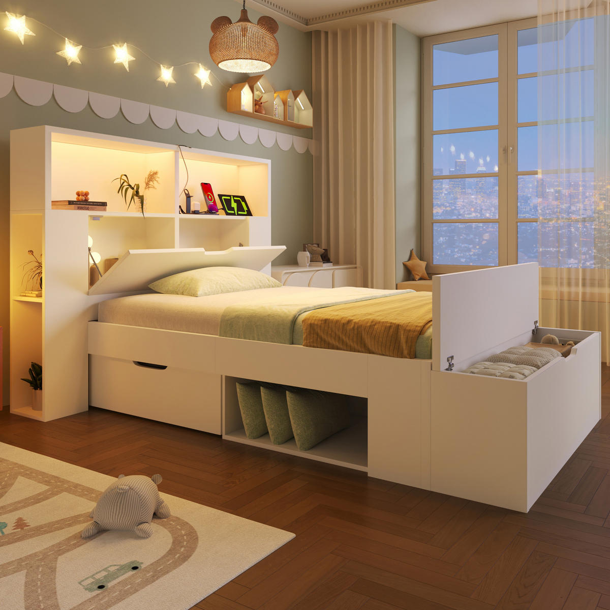 BETT 90x200 cm in Weiß mit LED & USB-C-Ladeanschlüssen - Weiß, Holzwerkstoff (90/200cm) - Modfu