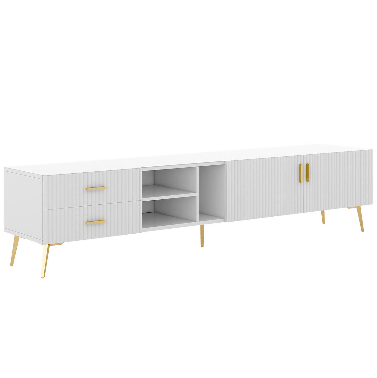 TV-LOWBOARD aus MDF 180x35x41 cm Weiß mit 2 Schubladen, 2 Türen und 3 offenen Fächern - Weiß, Holzwerkstoff (180/44/35cm) - Modfu
