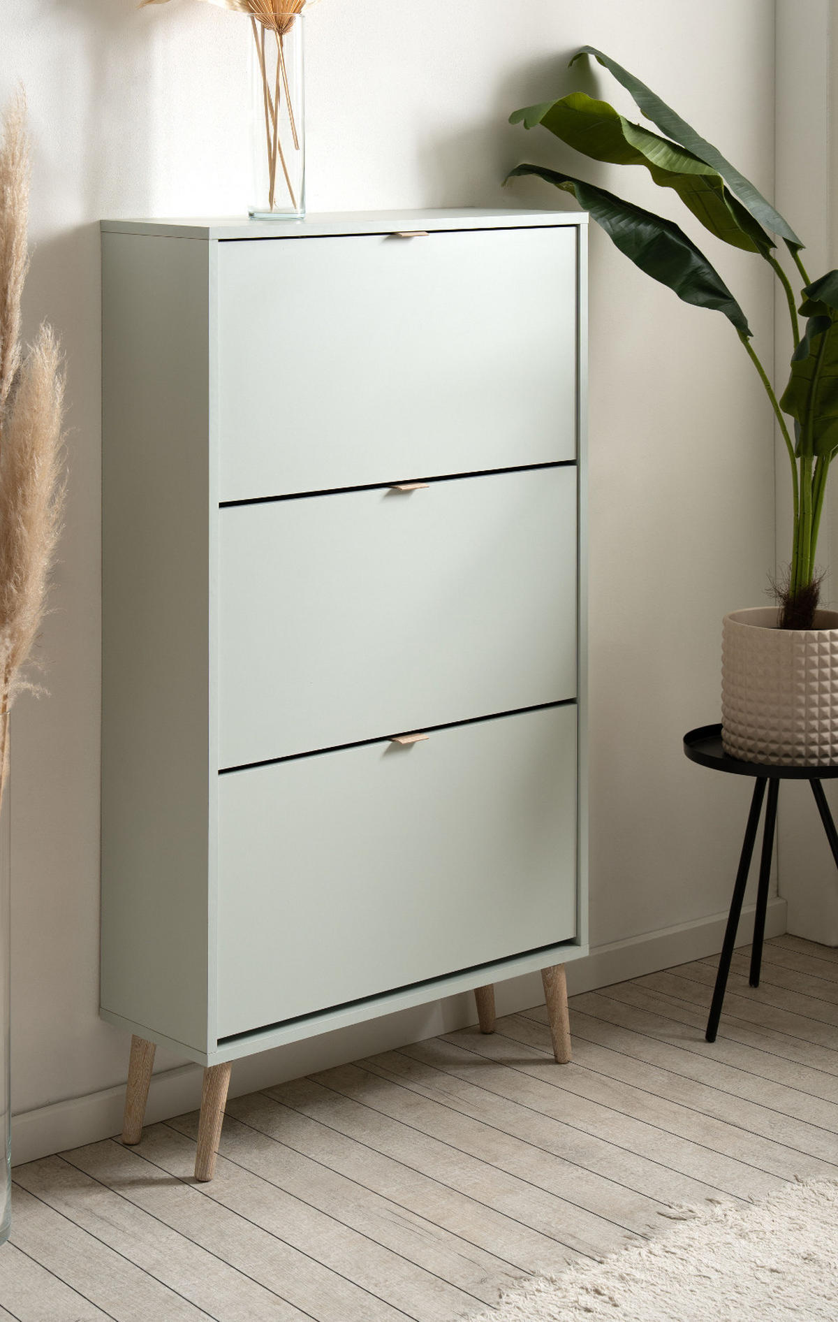 SCHUHSCHRANK Pastellgrün 70 x 125 cm, Schuhkipper mit 3 Klappen - Eichefarben/Pastellgrün, Eichenholz/Holz (70/125/24cm) - Furn.Design