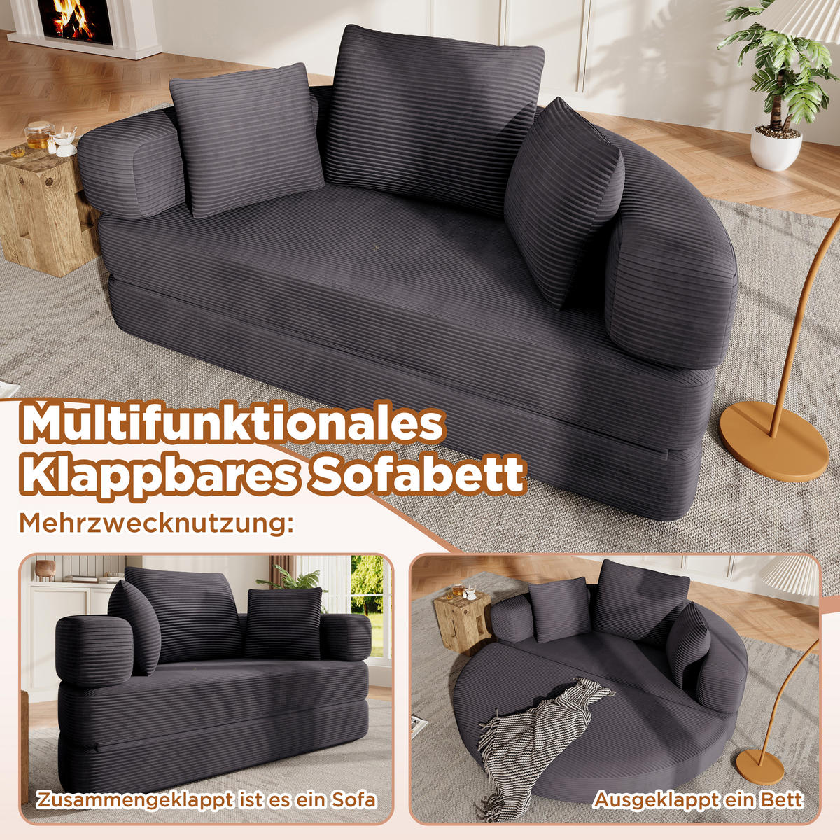 SCHLAFSOFA 173/88/60 cm Schwarz mit 3 Kissen - Schwarz, Textil (176/40/173cm) - Oxeza