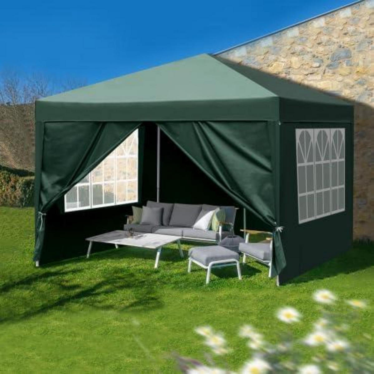 PAVILLON 3 x 3 m wasserdicht UV Schutz 50+ mit 4 Seitenteilen Grün - Grün, Textil (255/300/300cm)