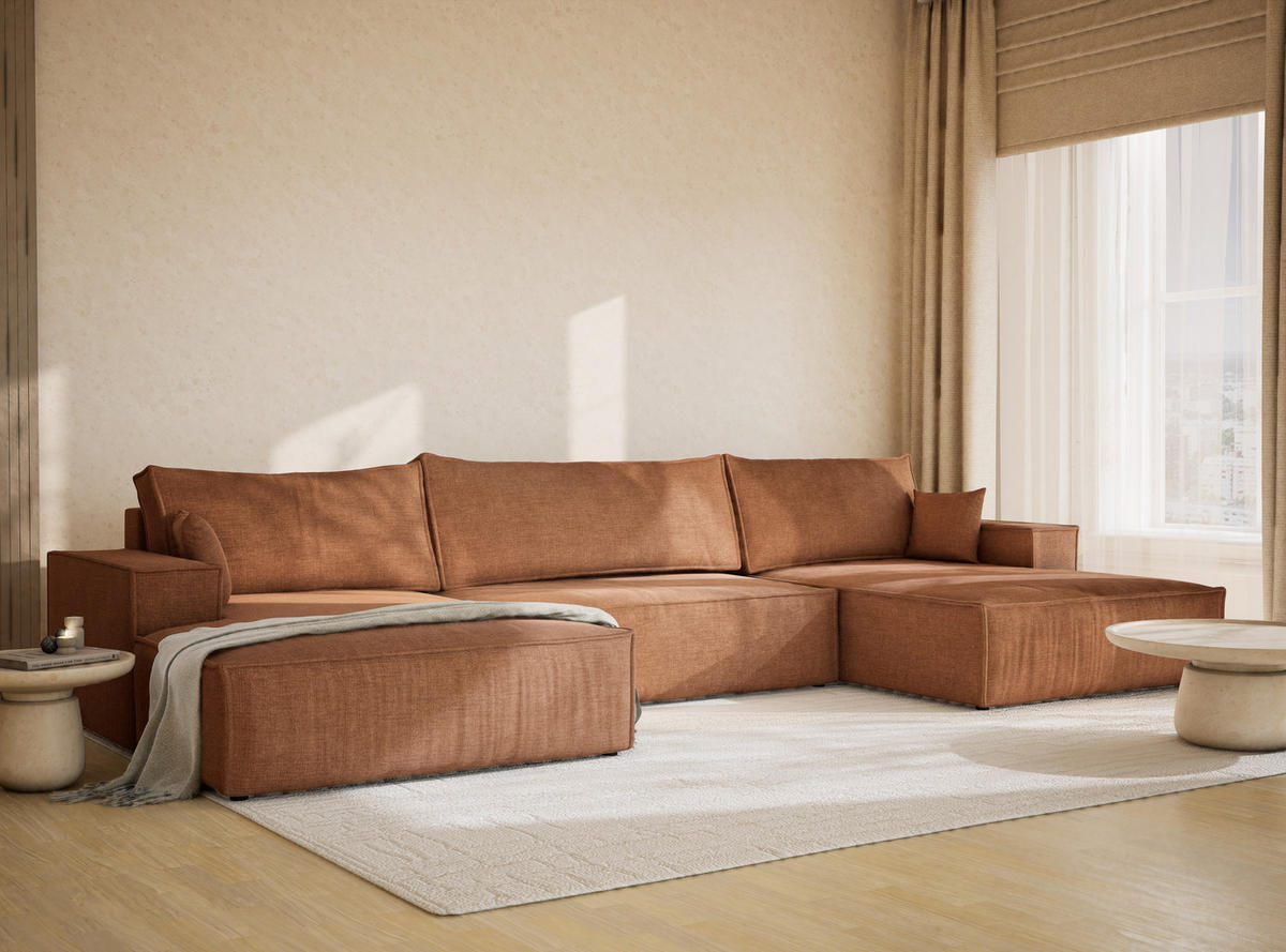 WOHNLANDSCHAFT Kyoto Hellbraun Chenille-Stoff - Hellbraun/Schwarz, Holz/Holzwerkstoff (398/70/148cm) - Maison de Reve